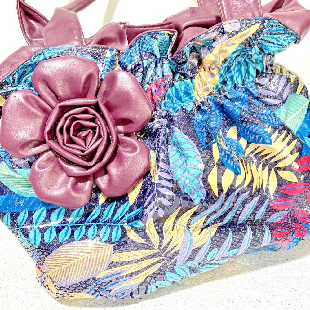 Vintage Bueno Purse Satchel Handbag Wet Look Unique Multi Color Floral Ruffles - Picture 5 of 11